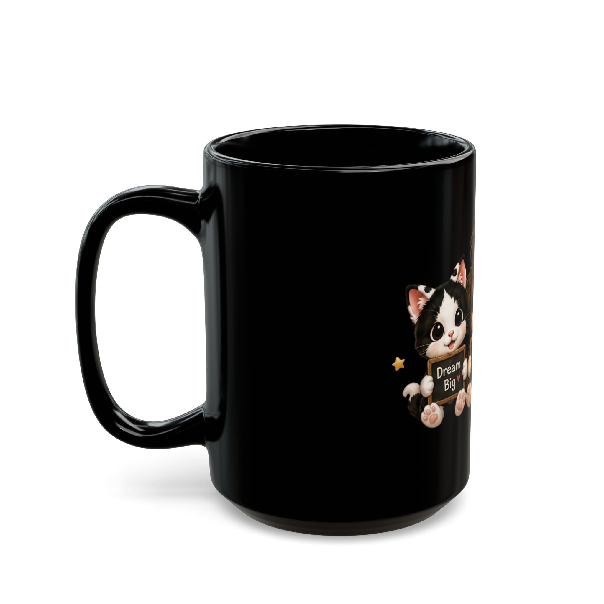 Dream Big Trio Mug — Cowmeow, Money & Richie — "Dream Big, Work Hard, Be Kind" Black Coffee Cup (11oz/15oz)