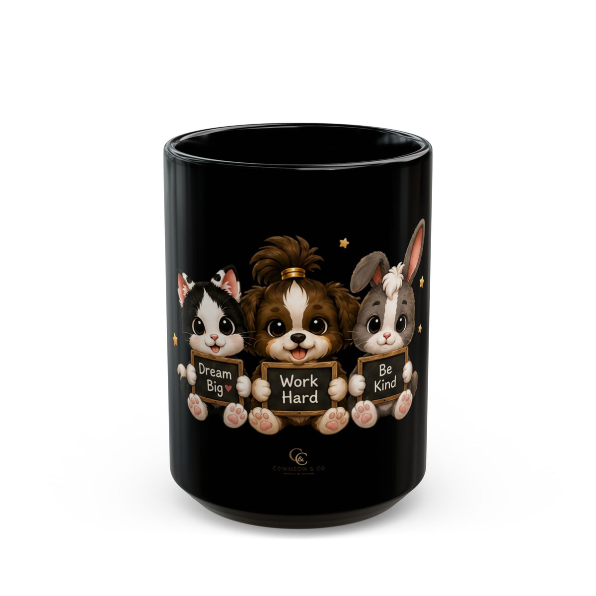 Dream Big Trio Mug — Cowmeow, Money & Richie — "Dream Big, Work Hard, Be Kind" Black Coffee Cup (11oz/15oz)