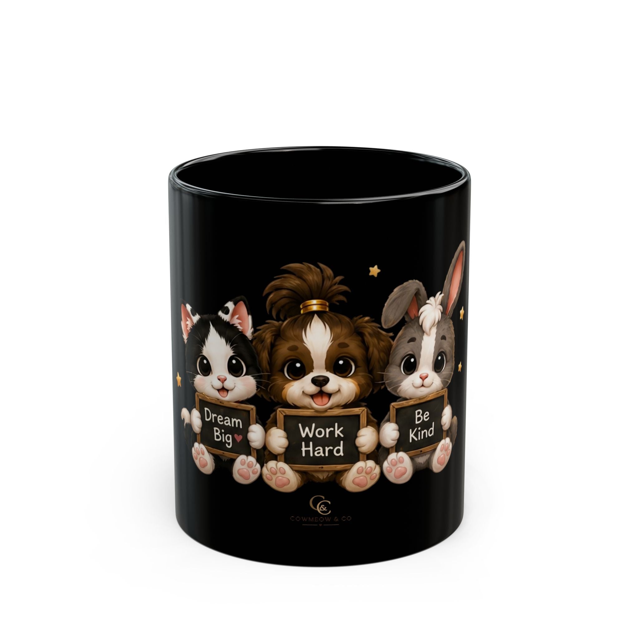 Dream Big Trio Mug — Cowmeow, Money & Richie — "Dream Big, Work Hard, Be Kind" Black Coffee Cup (11oz/15oz)